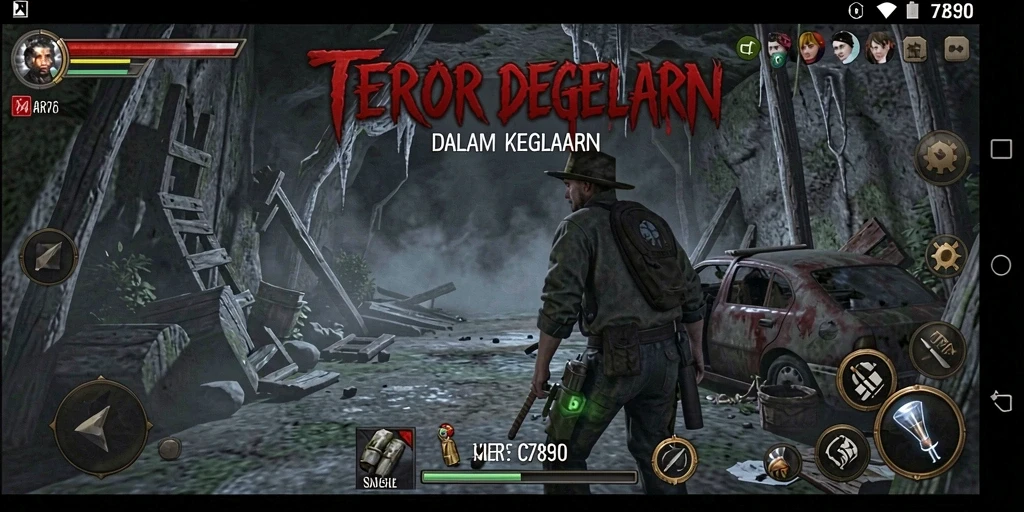 Tangkapan layar utama C7890 menampilkan suasana kegelapan yang mencekam dan gameplay yang menegangkan.