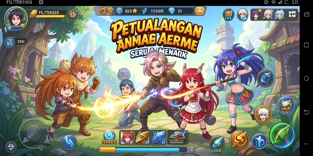 Screenshot gameplay FILTER303 menunjukkan karakter Anime dalam aksi seru.