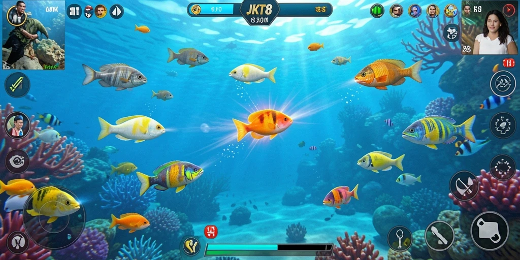 Screenshot utama JKT8 menampilkan aksi seru menembak ikan.