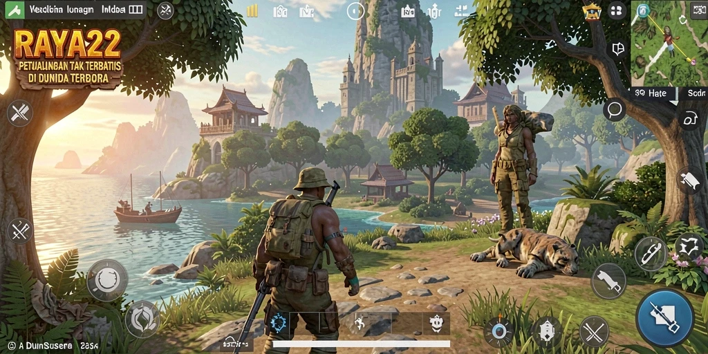Screenshot gameplay RAYA22 menampilkan eksplorasi dunia terbuka yang indah.