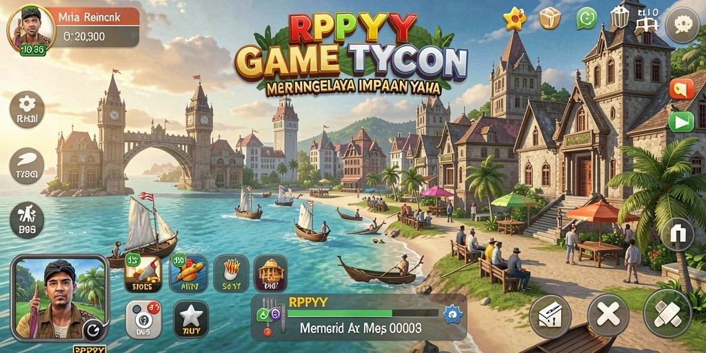 Tangkapan layar utama dari gameplay RPYYY yang menunjukkan pengelolaan bisnis yang kreatif.