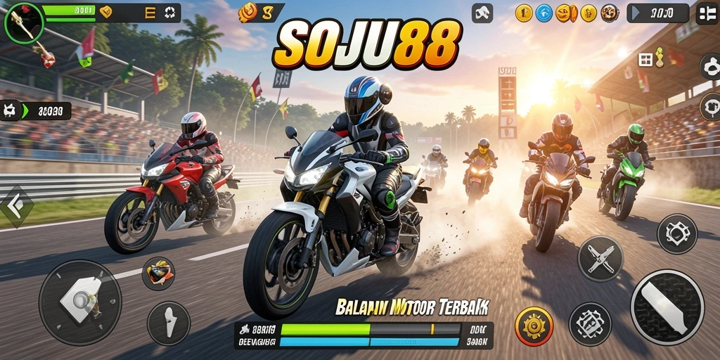 Tampilan gameplay seru di landasan balapan motor SOJU88.